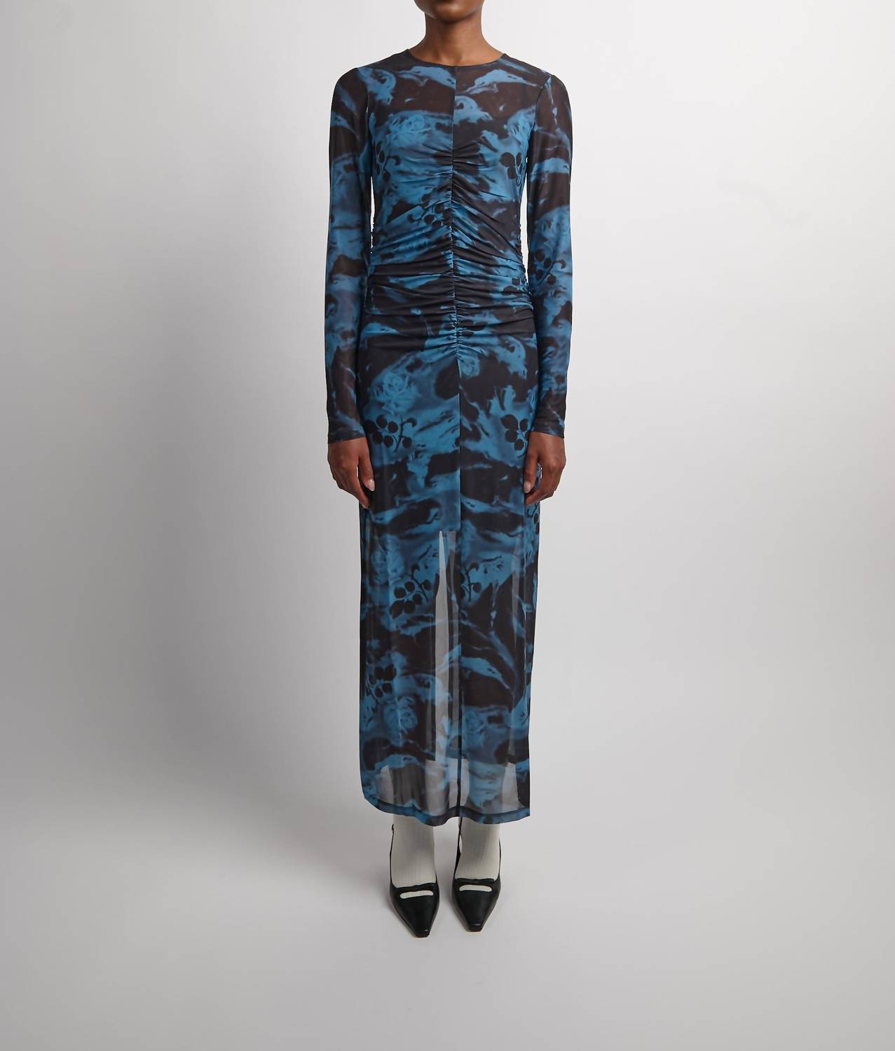 Ganni - Printed Mesh O-neck Ruched Long Dress