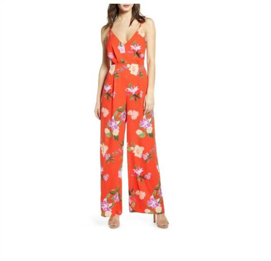 Astr - Floral Chiffon V Neck Strappy Back Wide Leg Jumpsuit