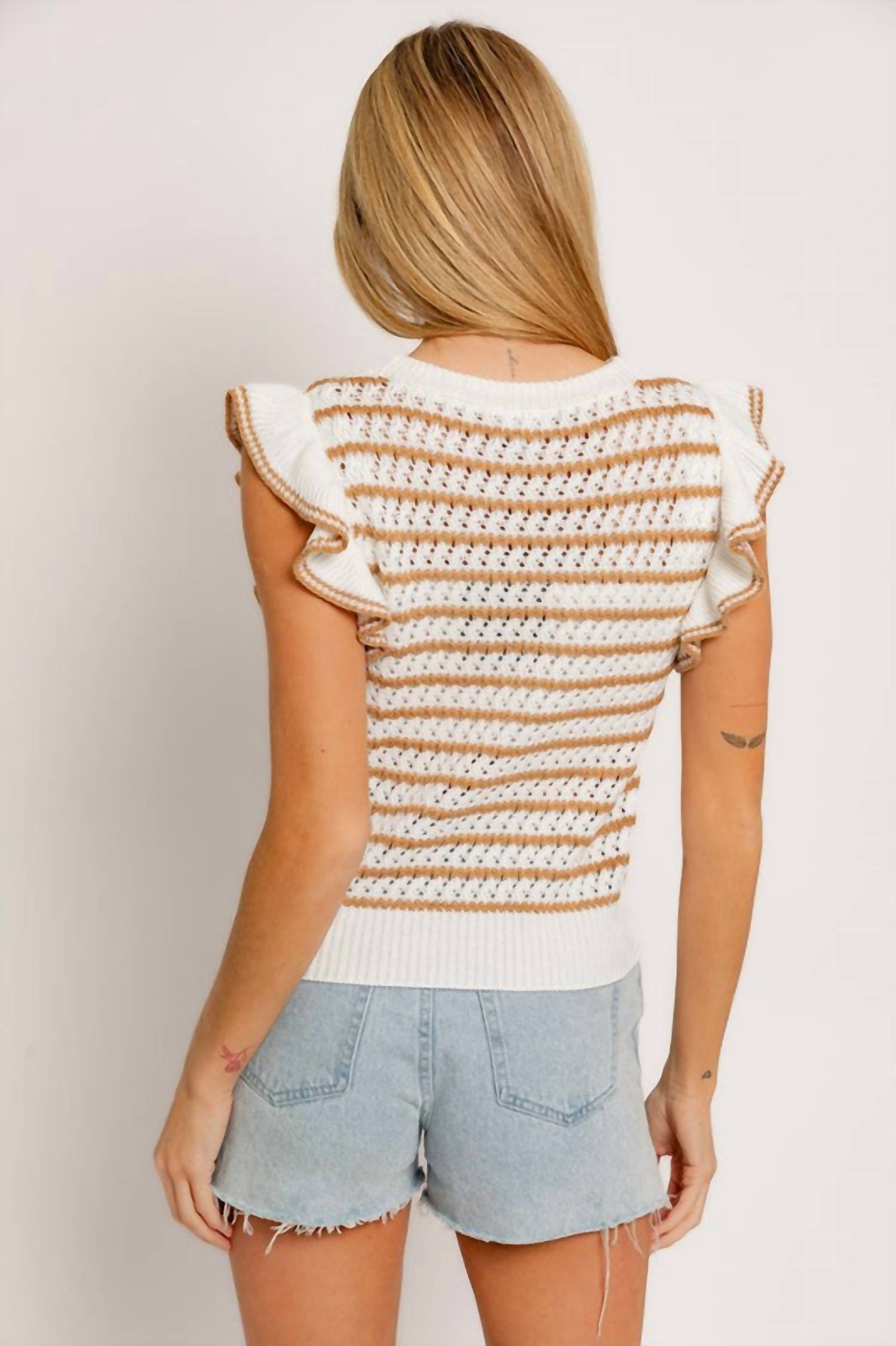LE LIS Stripe Delight Ruffle Sleeve Knit Top in white tan - women's blouse - detail view