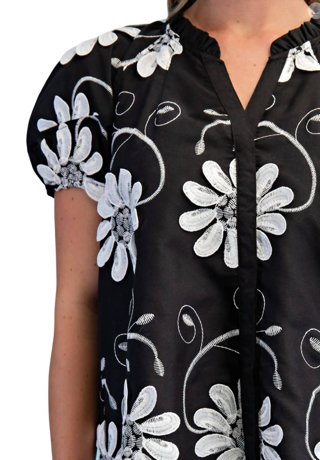 GiGiO Floral Appliqué And Embroidered V-neck Top in black - women's blouse