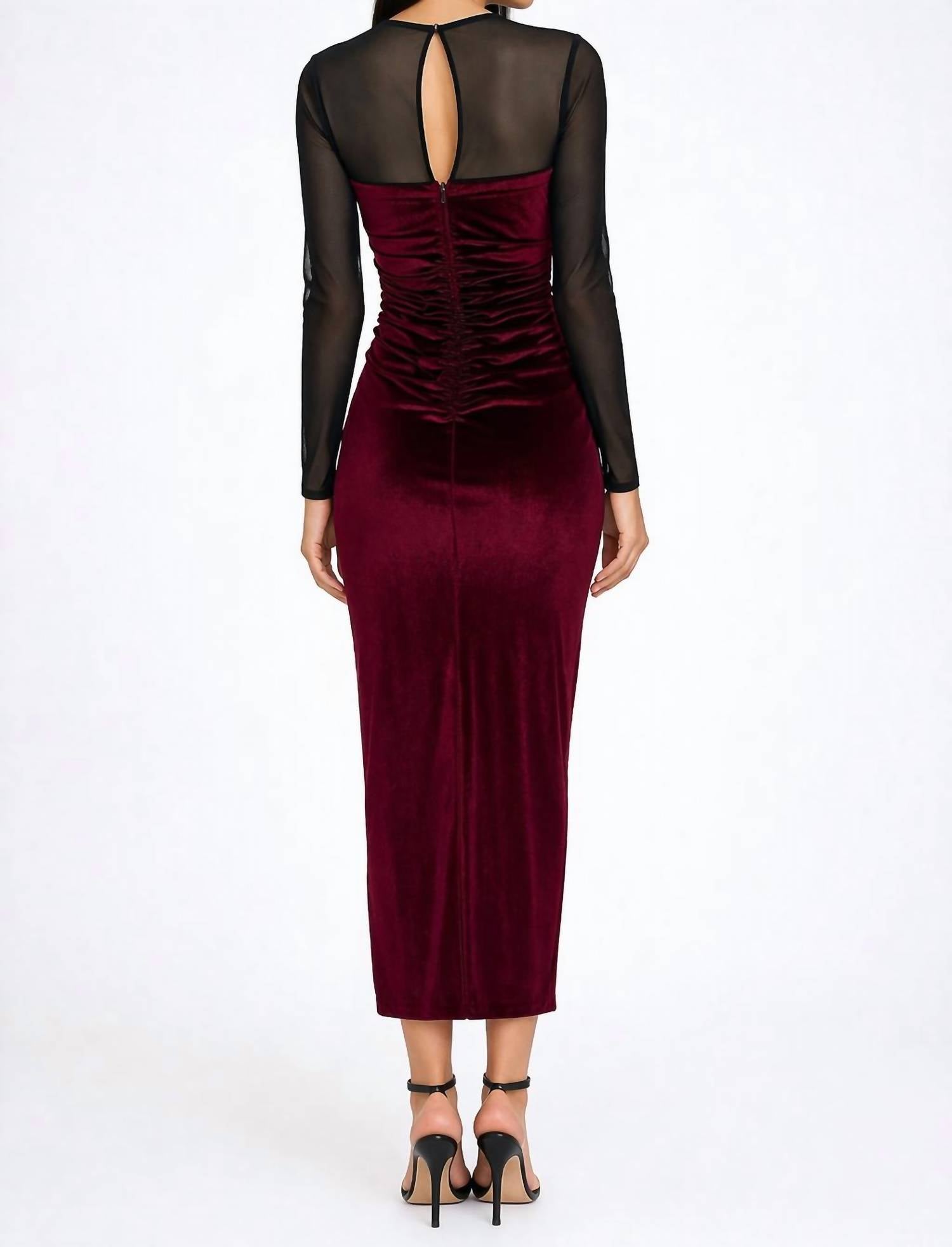 Amanda Uprichard Velvet Mesh Midi Dress Ruched Long Sleeve Dress in burgundy - women's dress - detail view