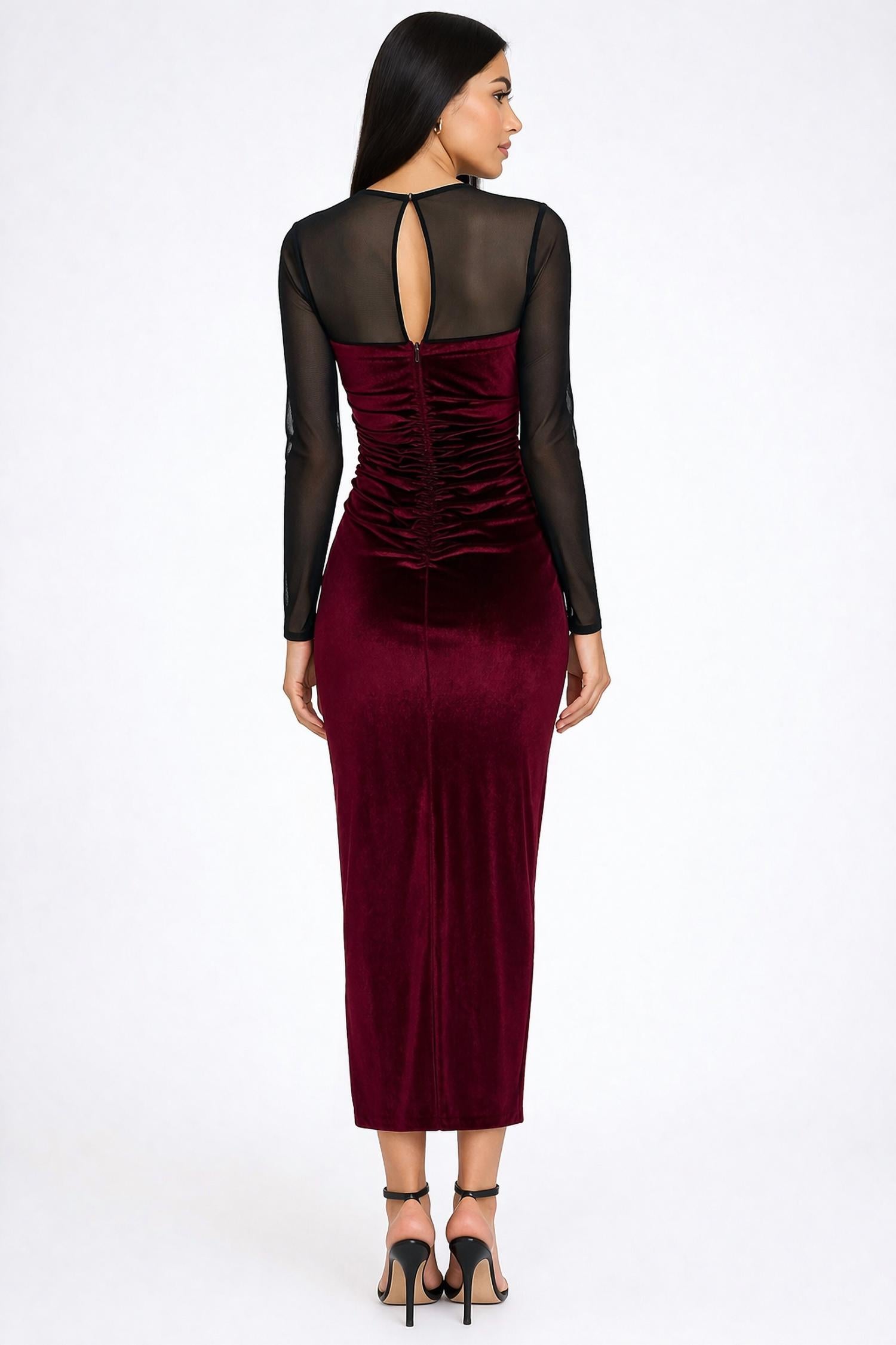 Amanda Uprichard Velvet Mesh Midi Dress Ruched Long Sleeve Dress in burgundy - women's dress - alternate view