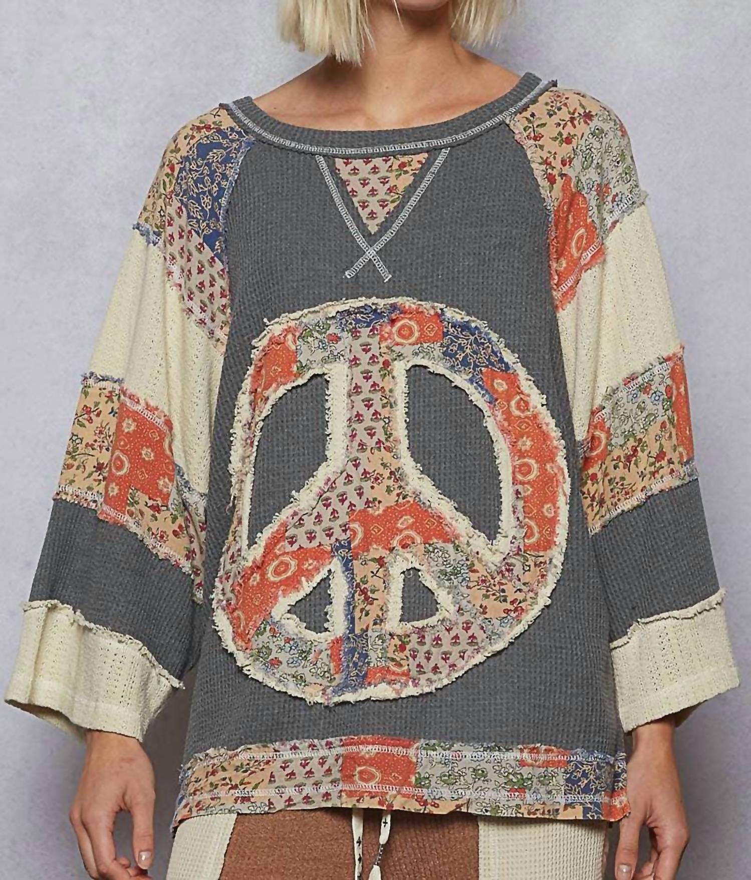 Pol - Crew Neck Printed Peace Patch Overlock Stitch Knit Top