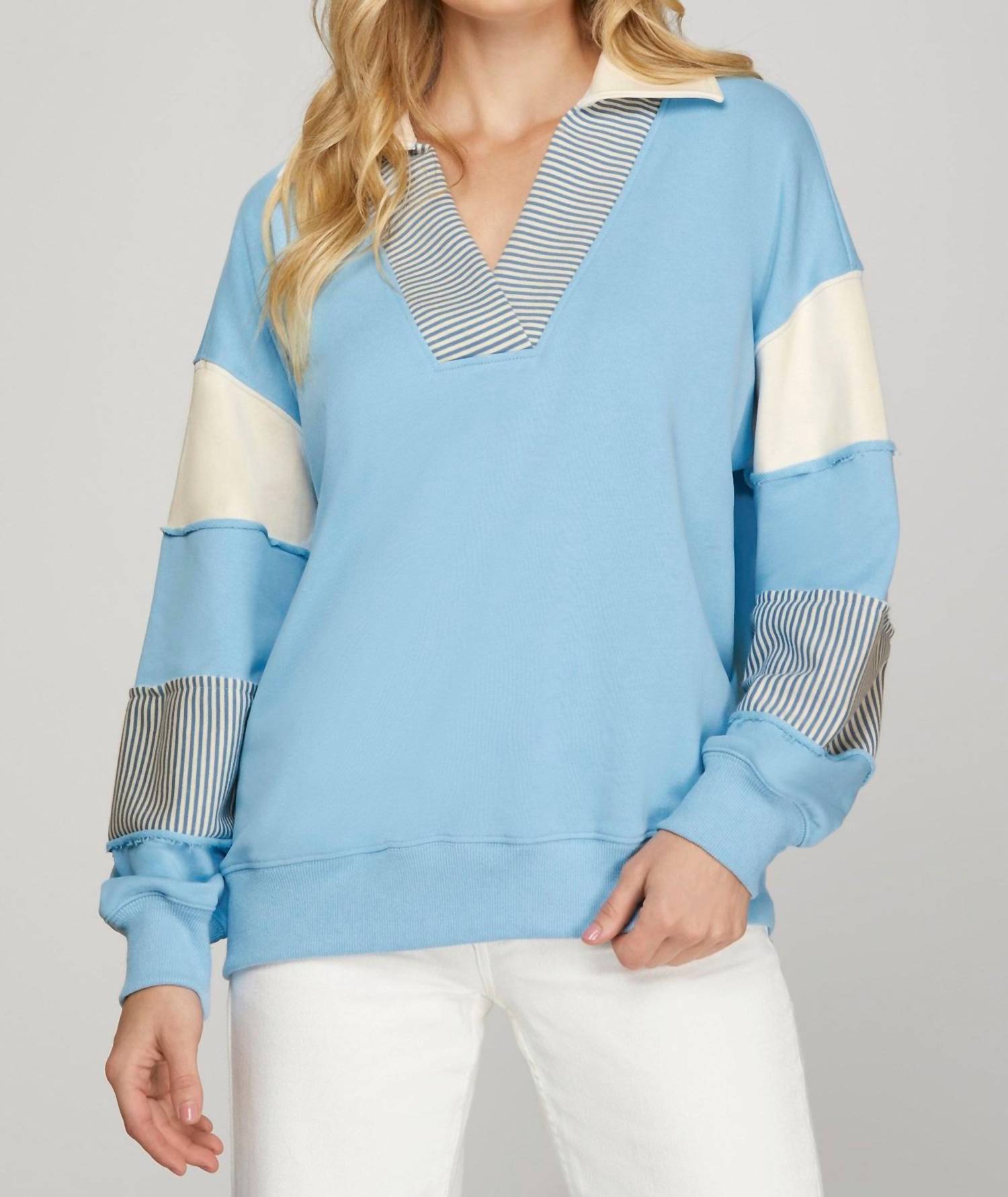 SHE + SKY Color Block French Terry Sweatshirt Top in blue - women's top