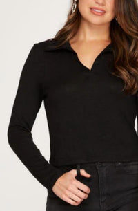 She + Sky - Long Sleeve Knit Collared Polo Shirt