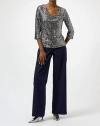 Joseph Ribkoff Sequined Cowl Neck 3/4 Sleeves Straight Top in black silver - women's blouse - alternate view