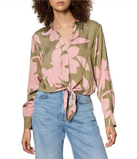 Sanctuary - Lover Tie Floral Printed Spread Collar Long Sleeve Crinkle Sateen Shirt - Plus
