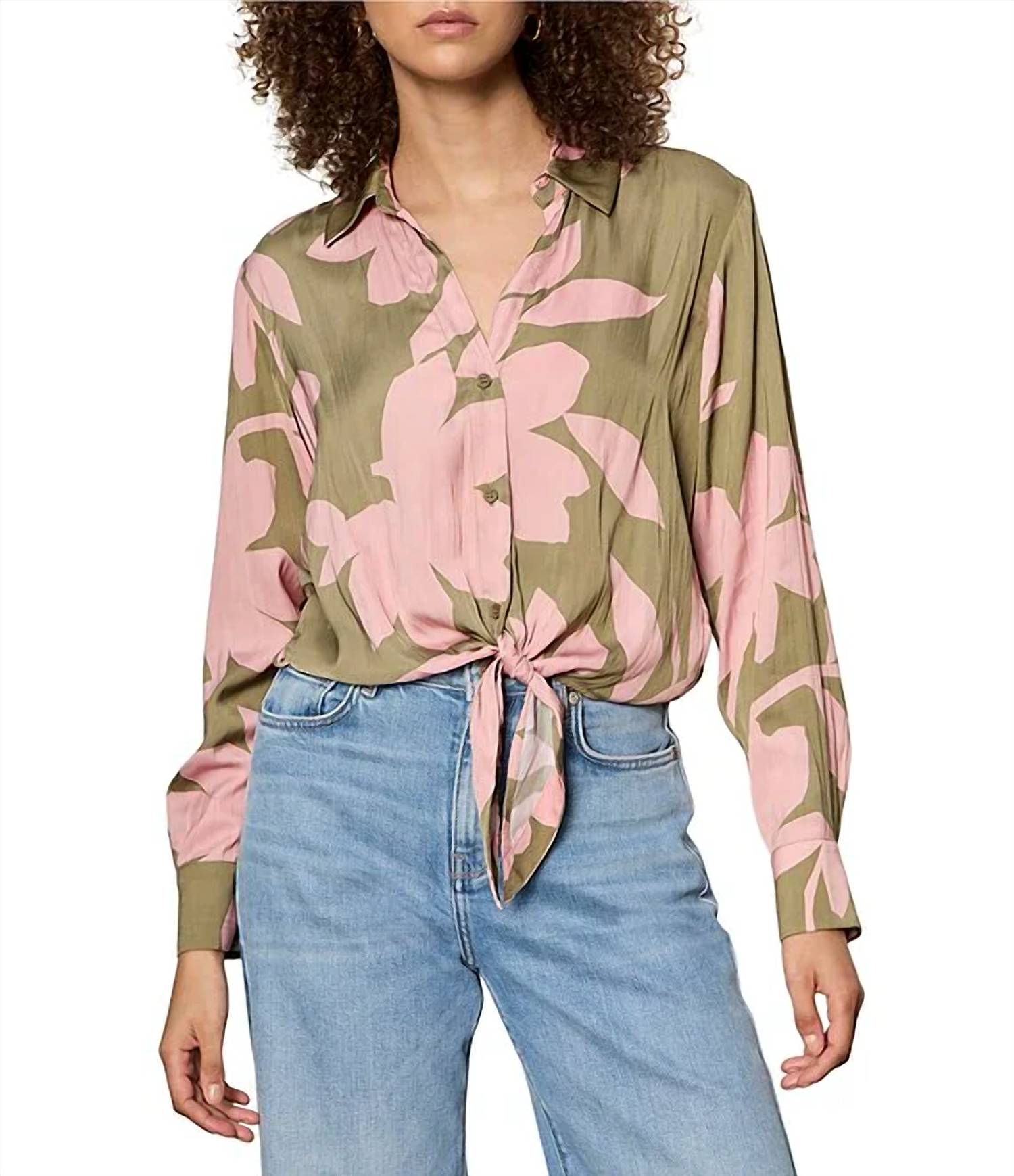 Sanctuary - Lover Tie Floral Printed Spread Collar Long Sleeve Crinkle Sateen Shirt - Plus