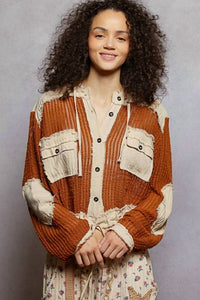 Pol - Open Knit Button Down Hooded Top