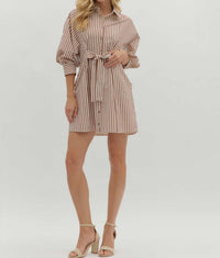 entro Striped Bow Tie Mini Shirt Dress in brick - women's dress - view 6