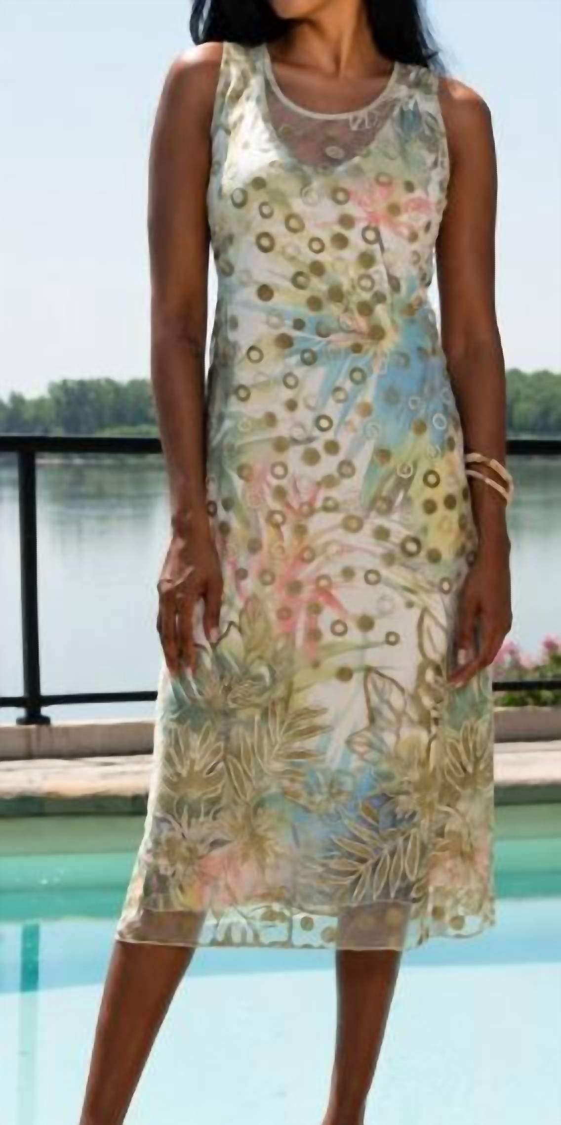Alison Sheri - Tropical Print Dress With Embroidered Overlay