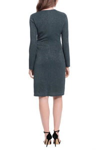 London Times - Long Sleeve Shirred Surplice Side Flounce Dress