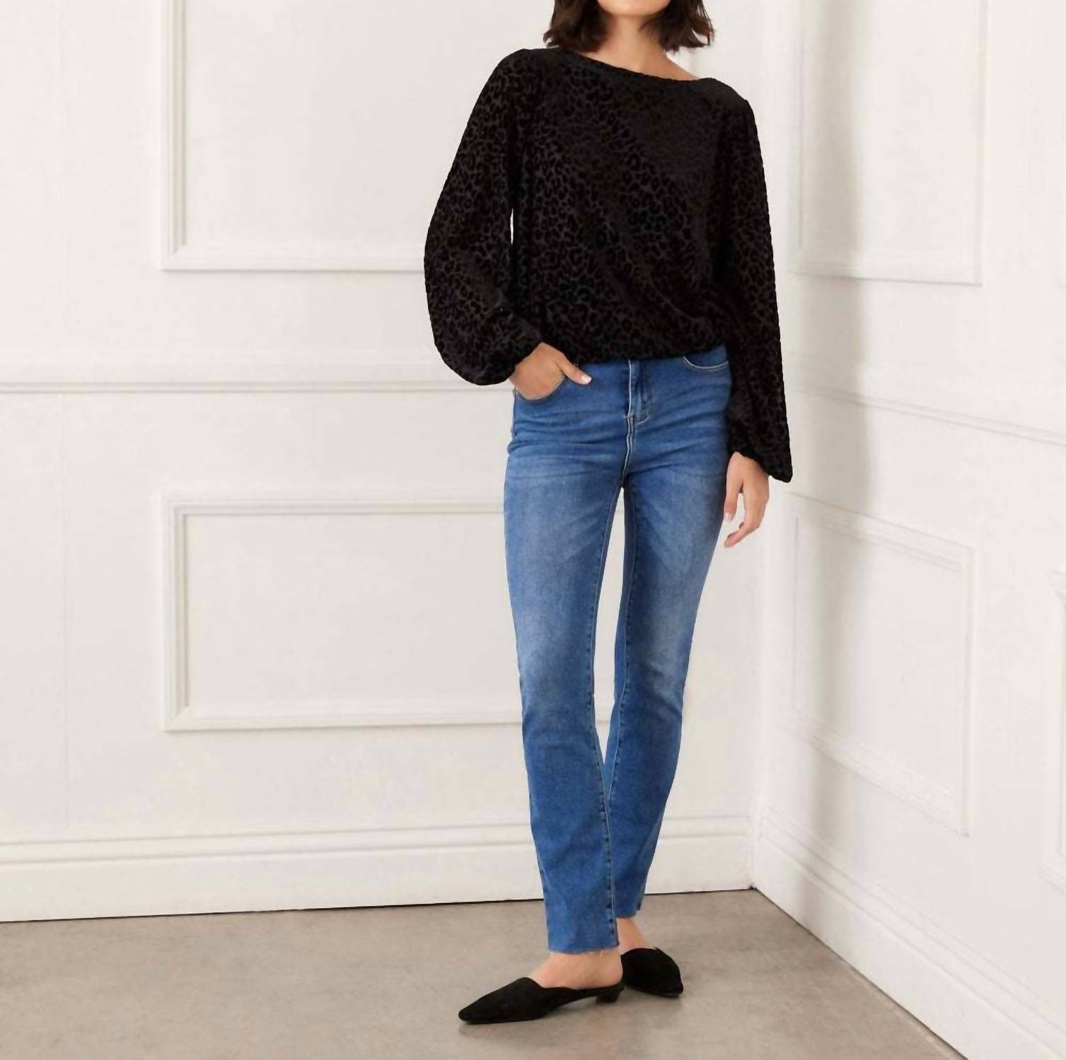 Karen Kane Blouson Sleeve Velvet Burnout Boatneck Top in leopard - women's blouse - view 6