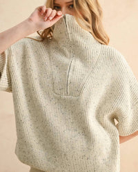 MIOU MUSE Half Zip Short Sleeve Knitted Top in beige - women's top - view 4