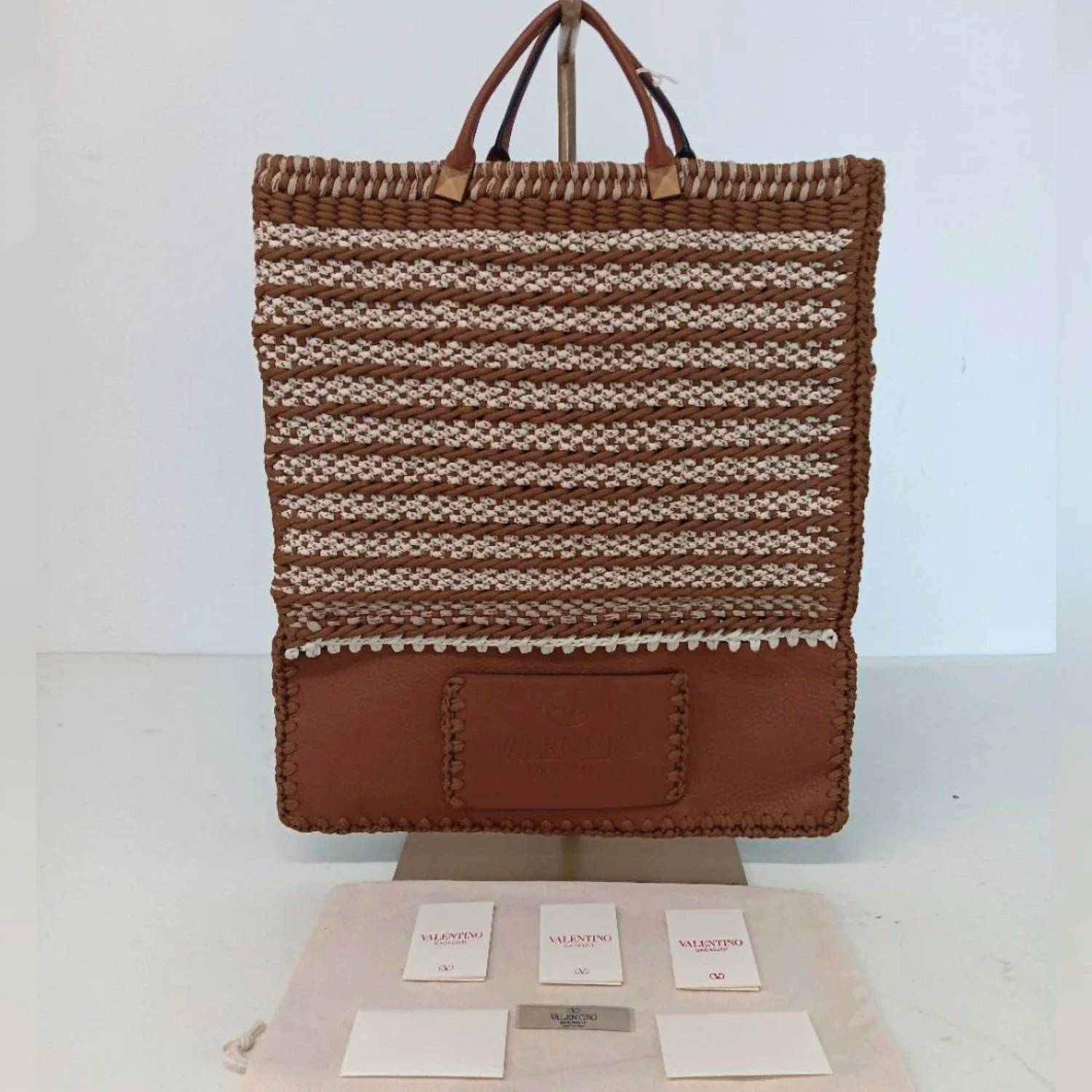 Valentino Garavani Men's Identity Woven Tote Bag Without Detachable Strap in brown beige white - men's bag