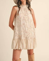 &Merci - Bubble Hem Embellished Mixed Media Mini Dress