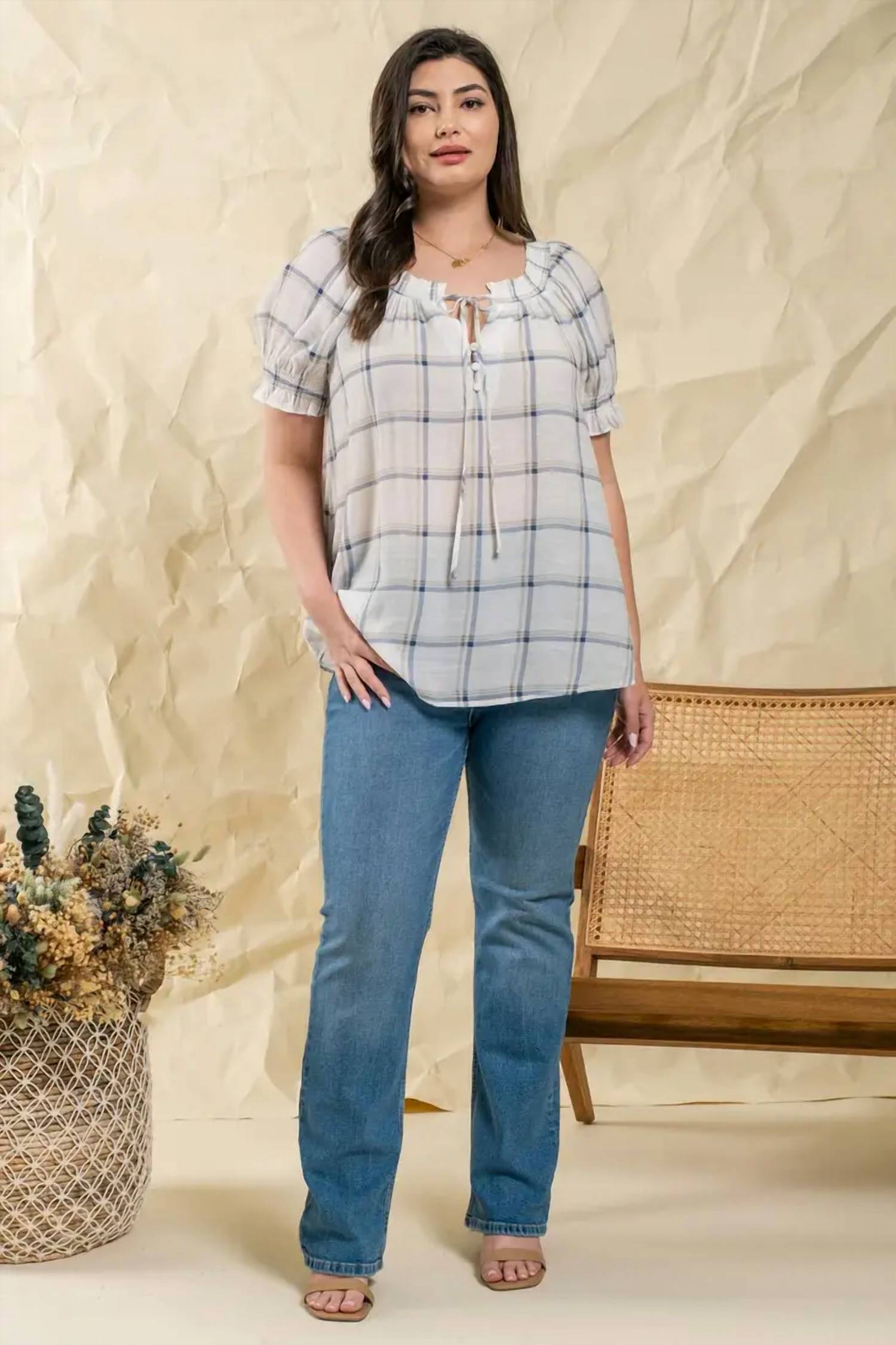 Blu Pepper - Smocked Neckline Woven Top - Plus
