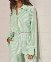 BUCKETLIST Striped Seersucker Crop Shirt Top in sage - women's shirt - detail view