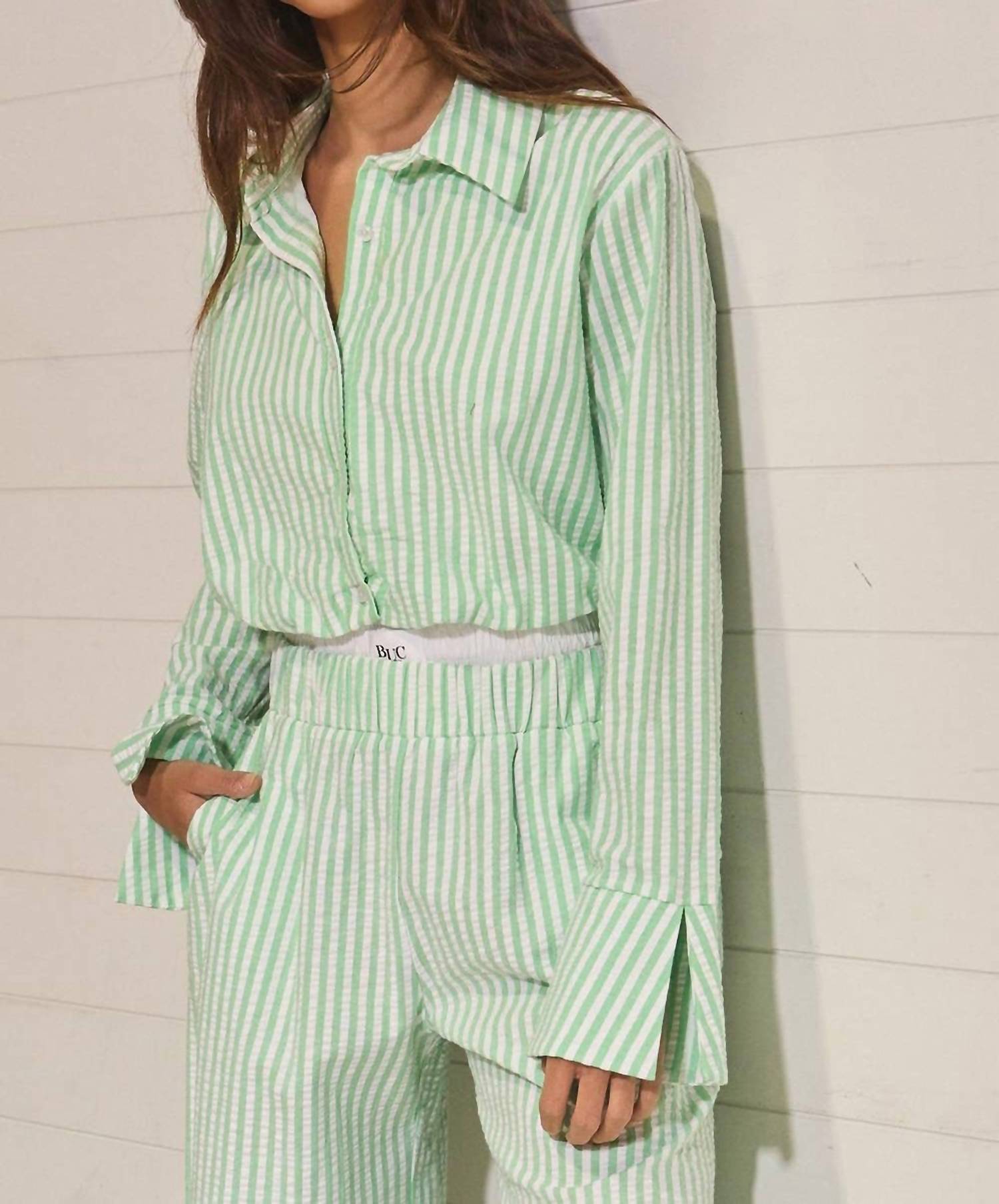 BUCKETLIST Striped Seersucker Crop Shirt Top in sage - women's shirt - detail view