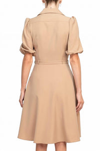 Sharagano - Collared Short Sleeve Button Front Closure Dress With Pockets