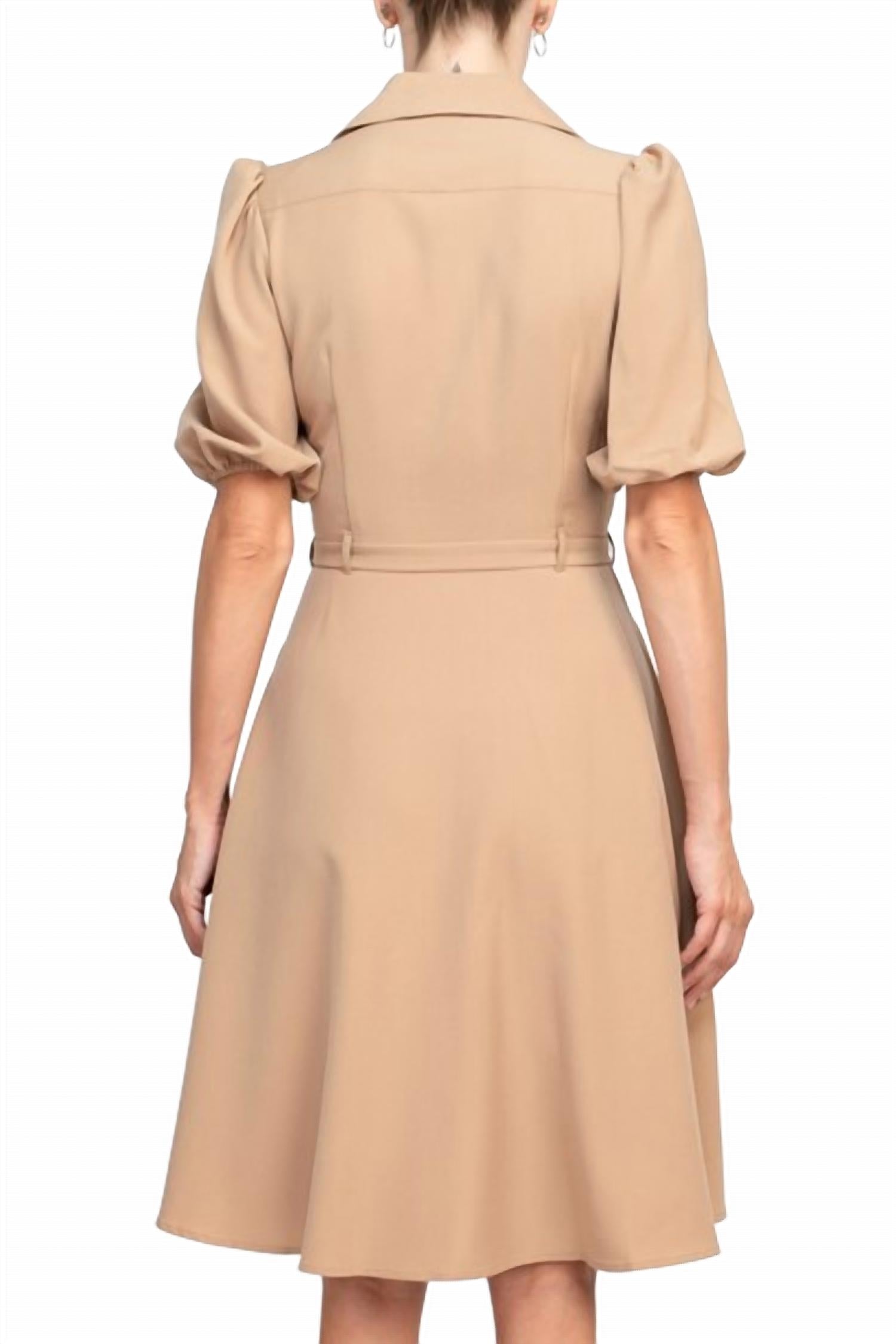 Sharagano - Collared Short Sleeve Button Front Closure Dress With Pockets