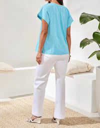 TRIBAL Cotton Slub Split Neck Tassel Top in blue - women's blouse - view 4