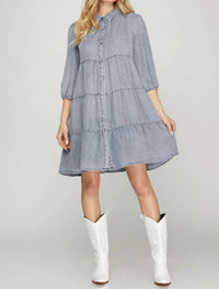 She + Sky - Chambray Tiered Button Down Mini Dress