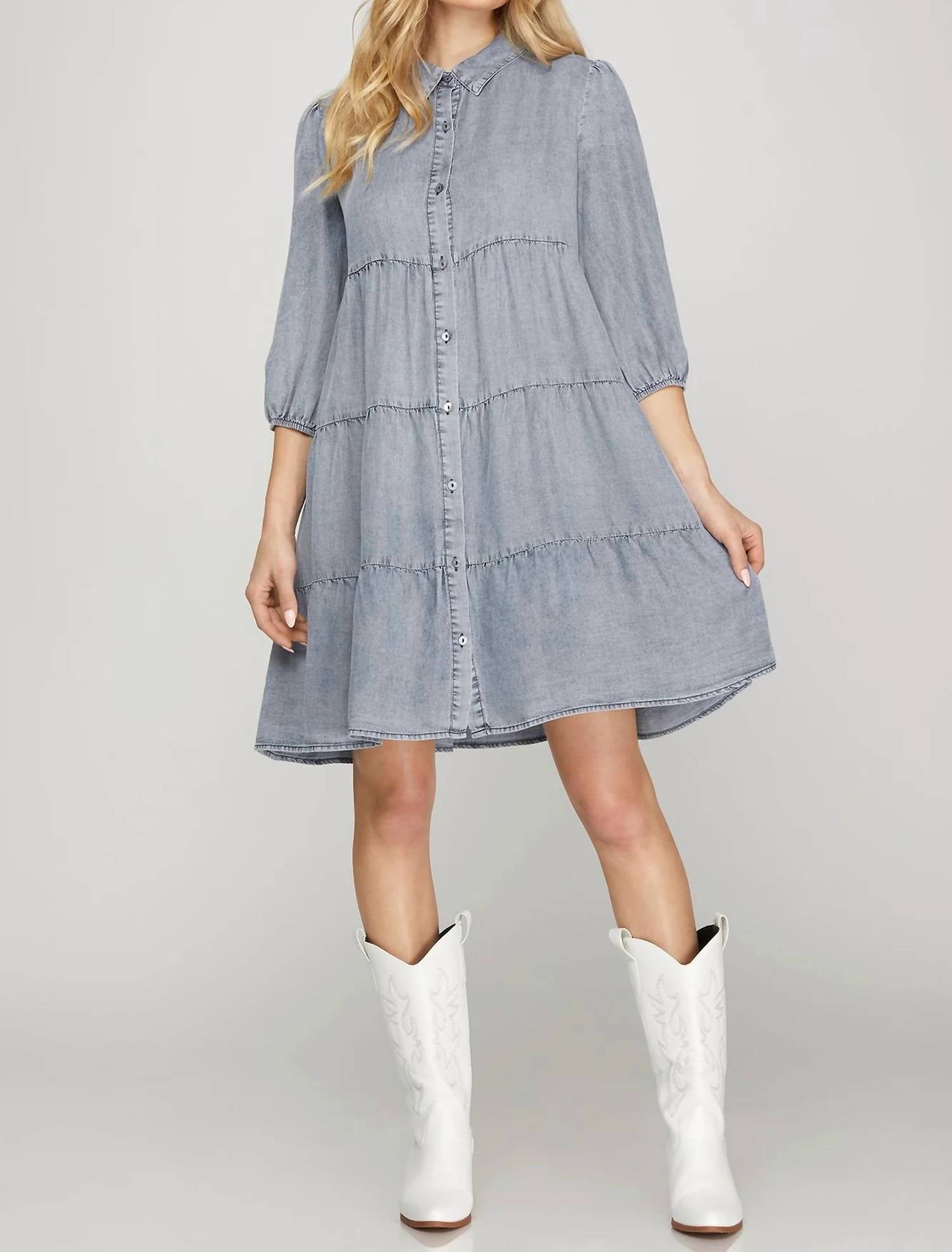 She + Sky - Chambray Tiered Button Down Mini Dress