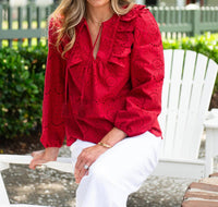 SAIL to SABLE Ruffle Front Top With Tassels in chili pepper - women's blouse - alternate view