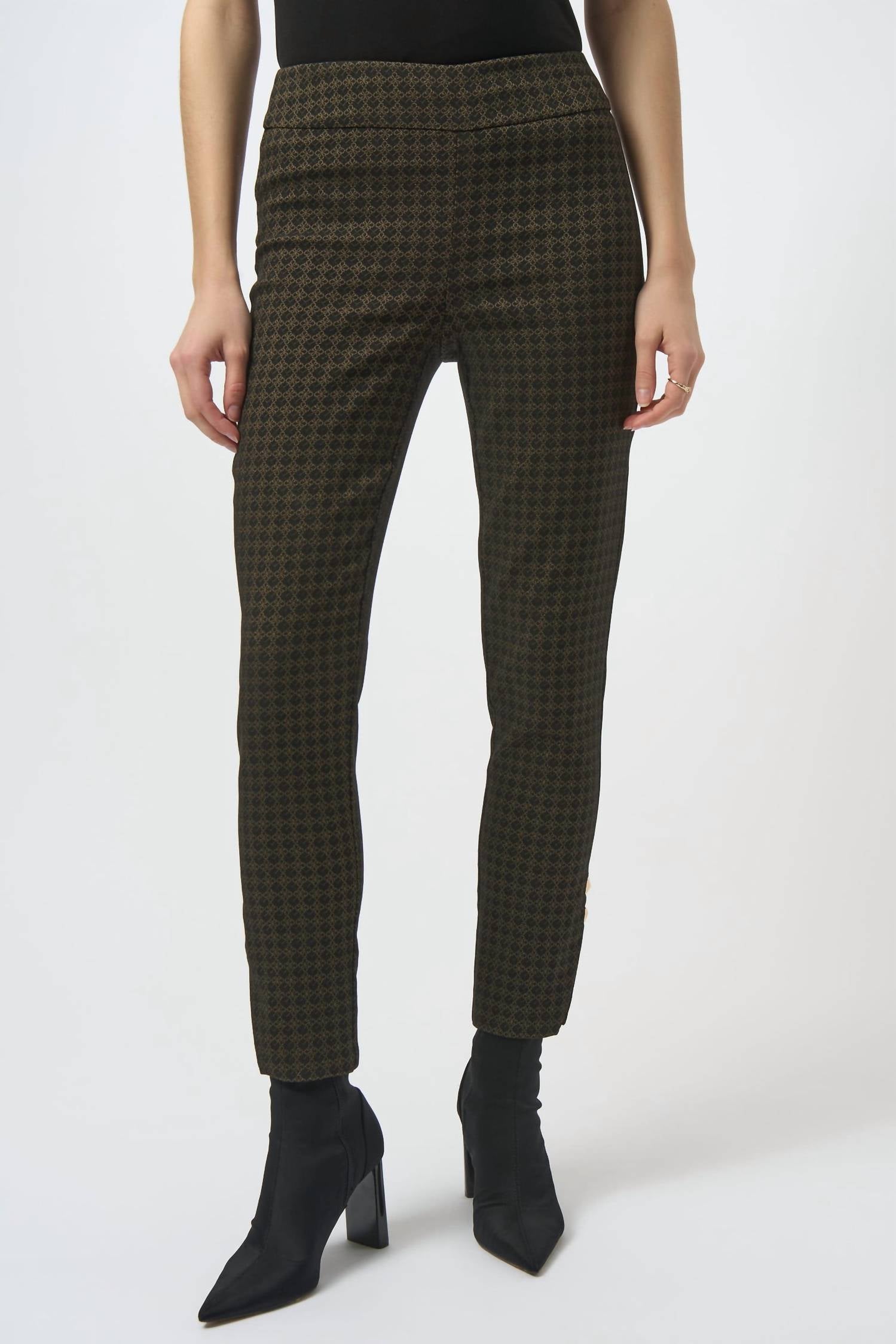 Joseph Ribkoff Geometric Jacquard Straight Pull-on Pants in black bronze - women's pants - detail view