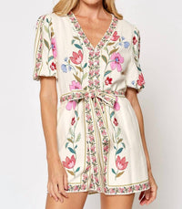 lalavon Floral Tie Waist Puff Sleeve Romper in off white pink multi - women's pants