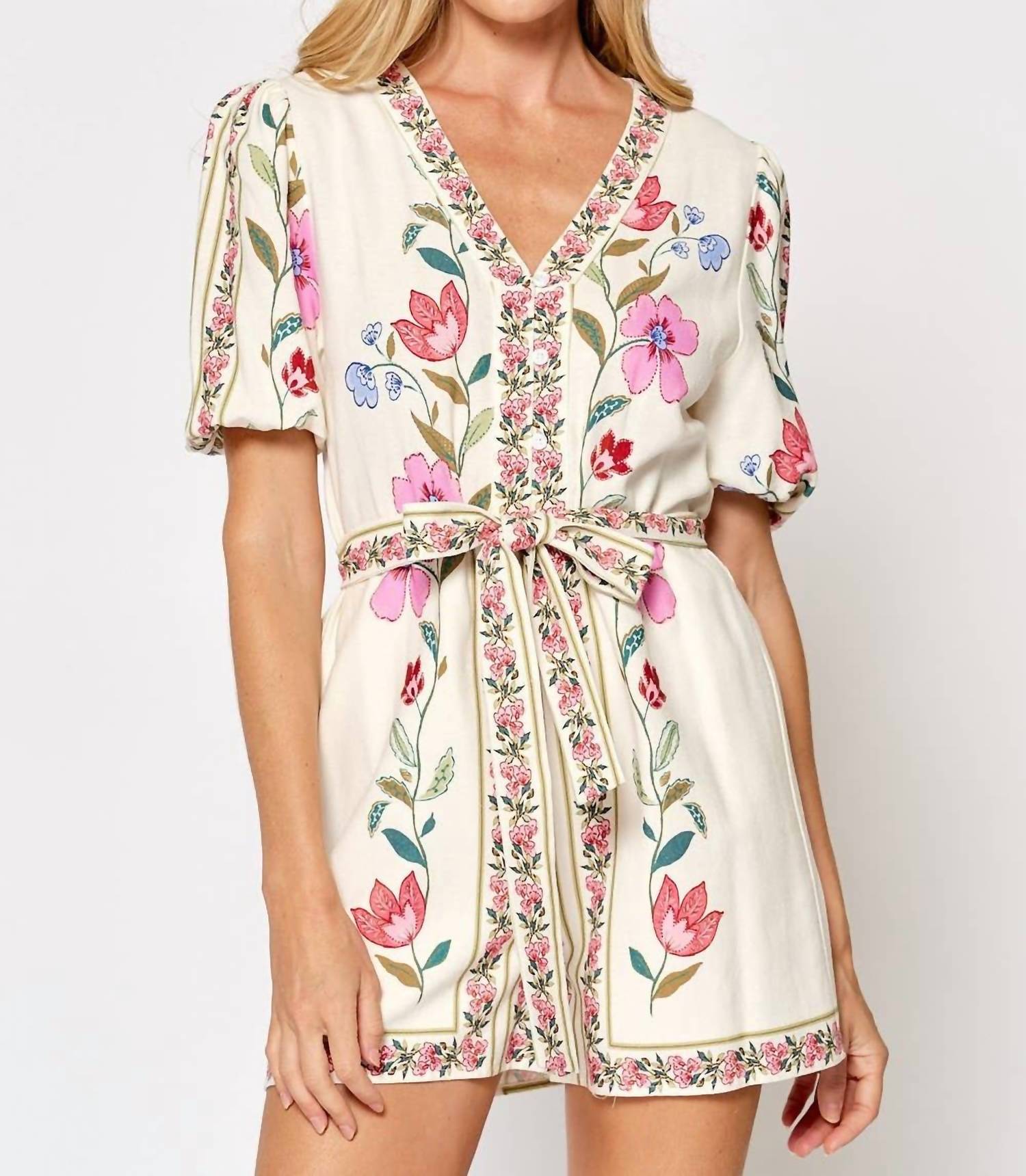 lalavon Floral Tie Waist Puff Sleeve Romper in off white pink multi - women's pants