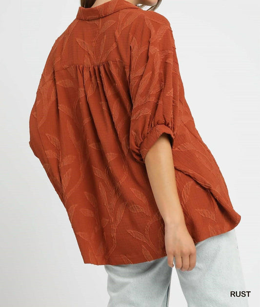 Umgee - Jacquard Textured Leaf Button-Down Blouse