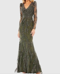 Mac Duggal - Long Sleeve Beaded V-neck Gown