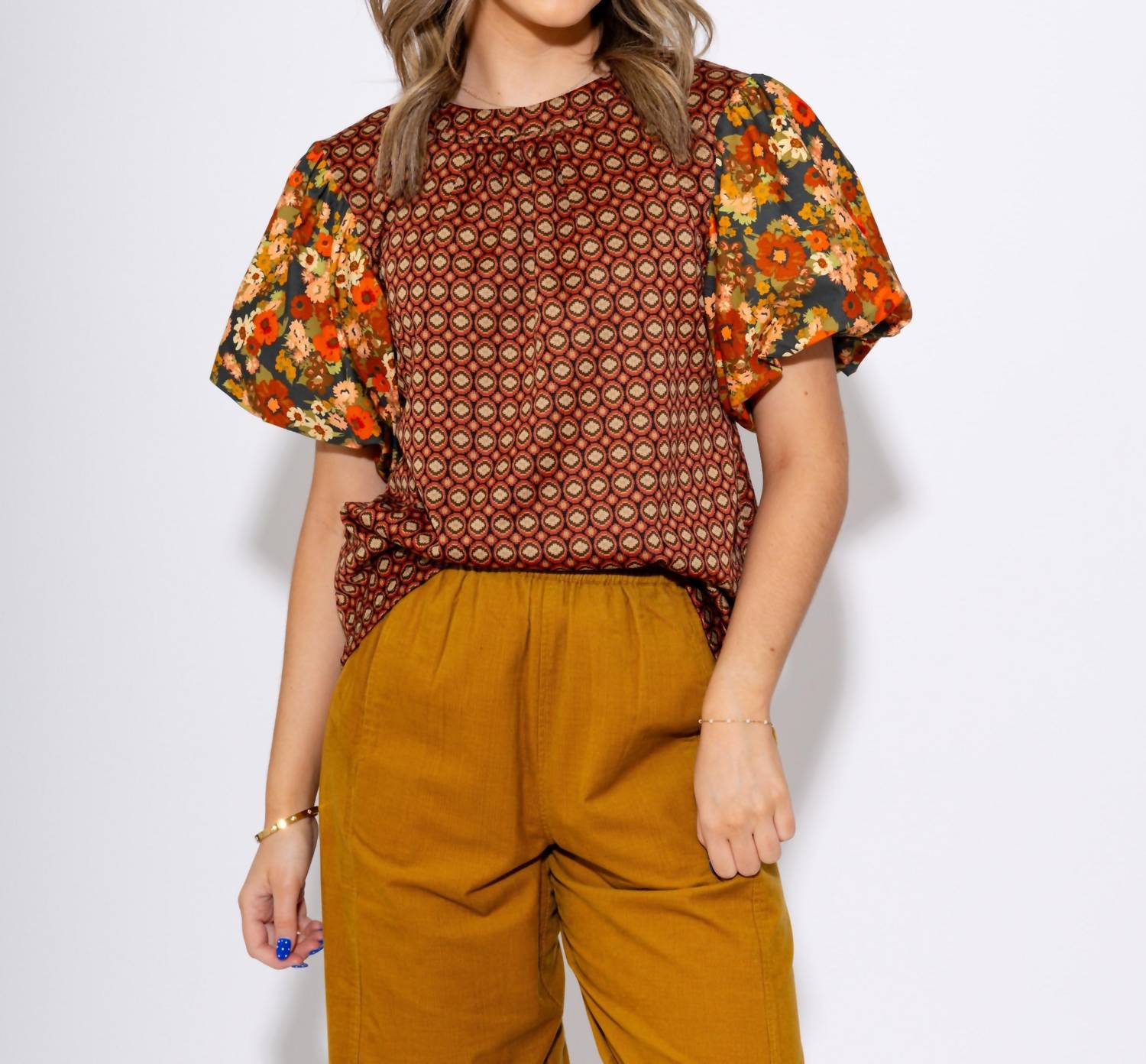 Ivy Jane Floral Flair Puff Sleeve Top in brown - women's blouse - view 5