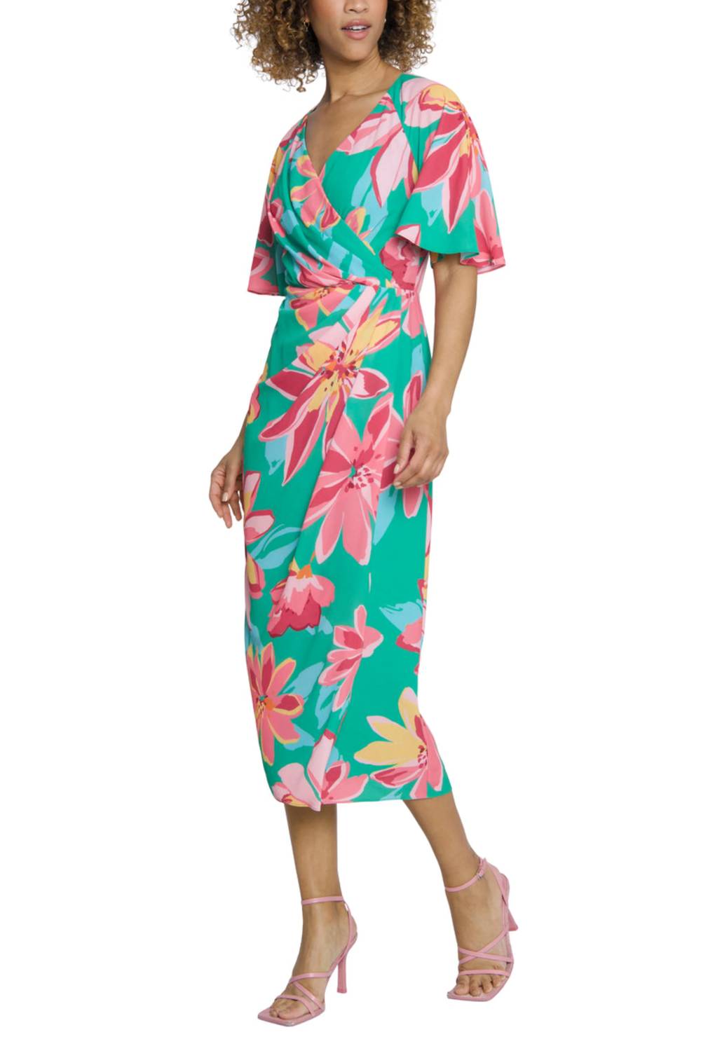 Maggy London - Floral Flutter Sleeve Faux-wrap Dress