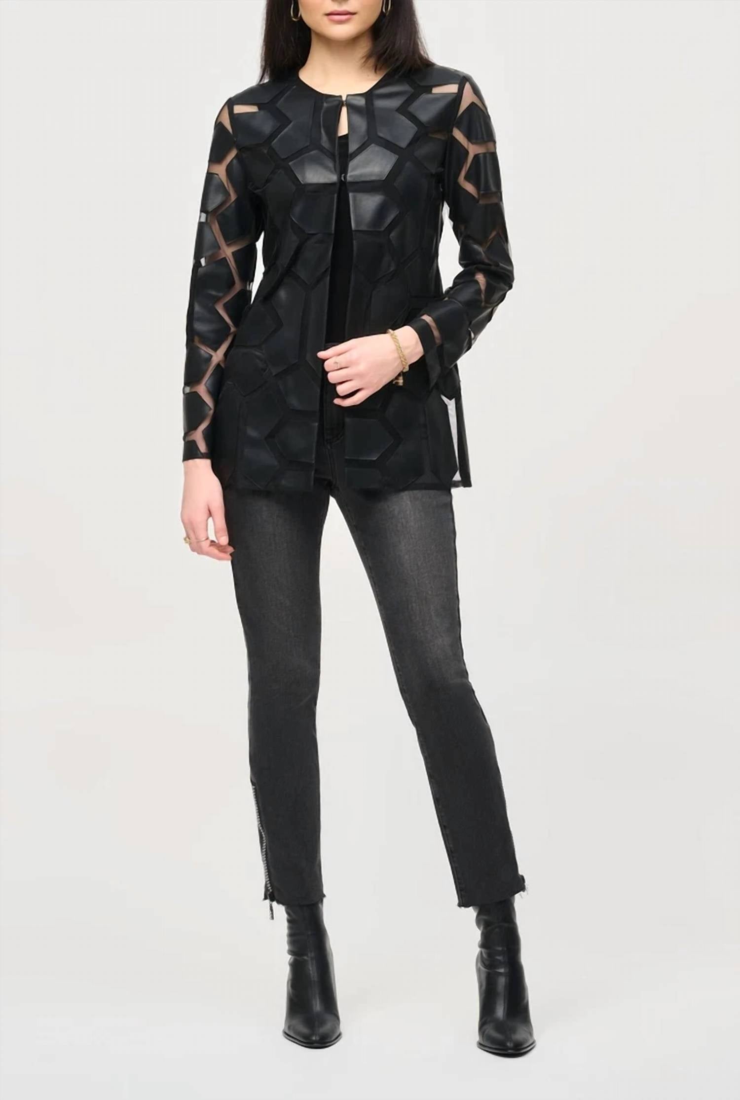 Joseph Ribkoff - Laser-cut Leatherette On Mesh Jacket