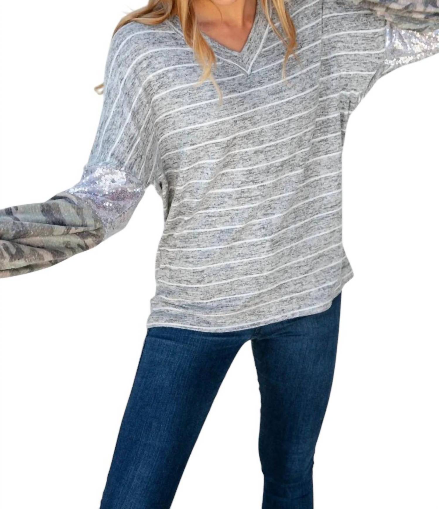 Haptics - SILVER SEQUIN CAMO SLEEVE SWEATER