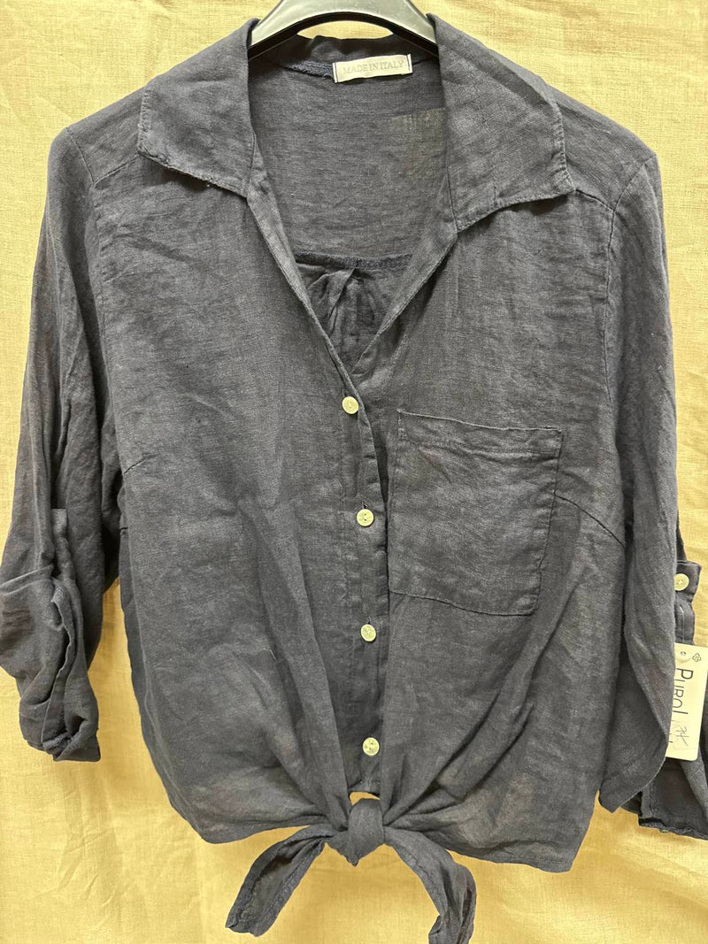 Made in Italy Women's Linen Tie Front Blouse in italy women s linen tie front blouse in navy - women's blouse