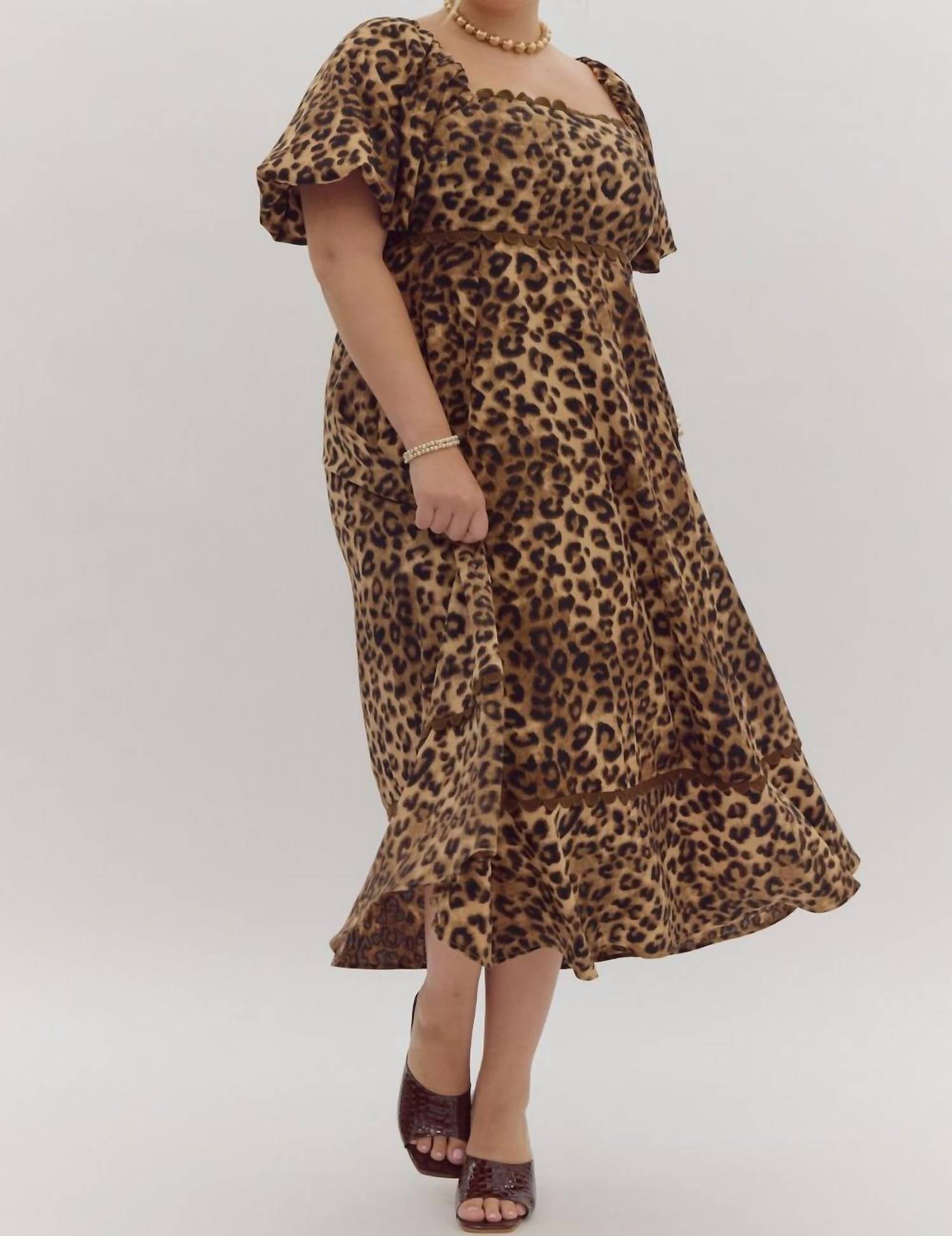 entro Cheetah Print Square Neck Midi Dress - Plus in camel - women's dress - detail view