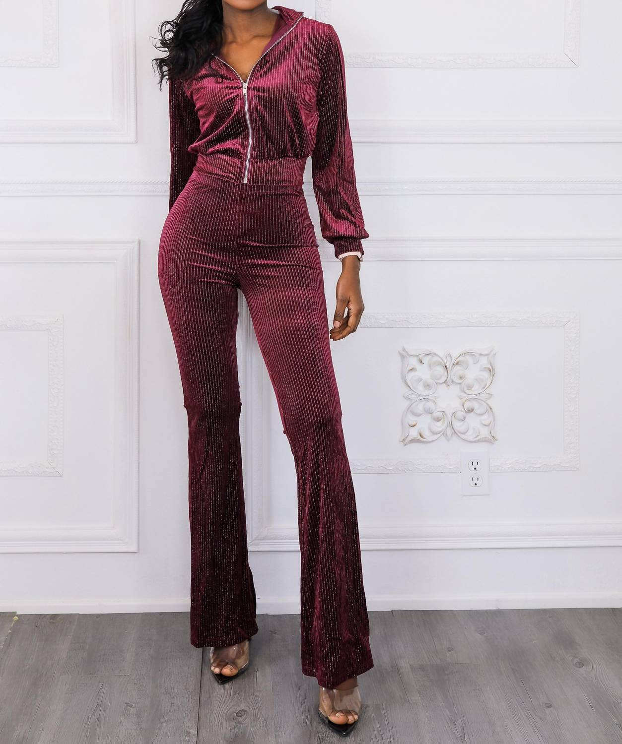 Surelymine - Glam Babe Velvet Two Pieces Set Bomber Jacket and Flare Pants