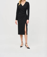 Joseph Ribkoff Long Sleeve Midi Knot Front Dress in black - women's dress