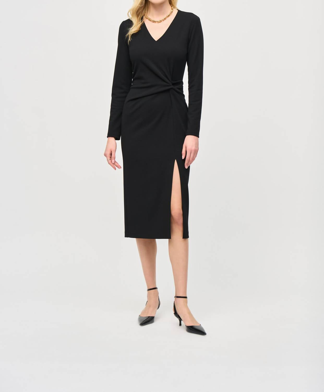 Joseph Ribkoff Long Sleeve Midi Knot Front Dress in black - women's dress