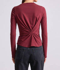 APIECE APART Twist Long Sleeve Volta Top in black cherry - women's long sleeve top - detail view