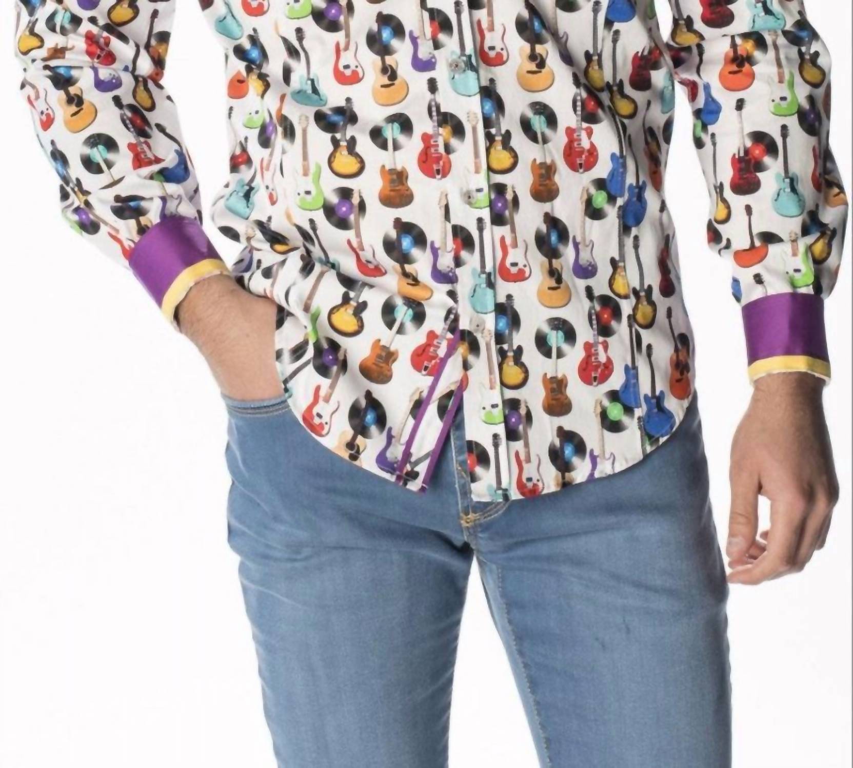 Eight X - Guitars And Records Button Down Print Shirt