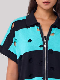 Angel Apparel - Stripe & Cut Out Knit Zip Up Top