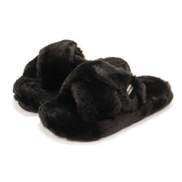 HUNTER Women's Faux Fur Flatform Crossover Slides in black - women's shoe