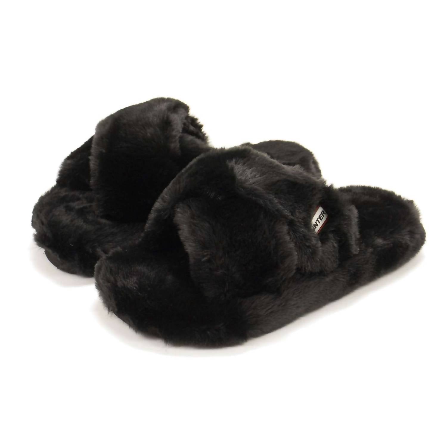 HUNTER Women's Faux Fur Flatform Crossover Slides in black - women's shoe