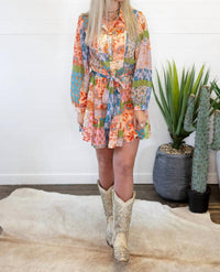 Sweet Generis - Boho Floral Patchwork Chiffon Western Mini Shirt Dress