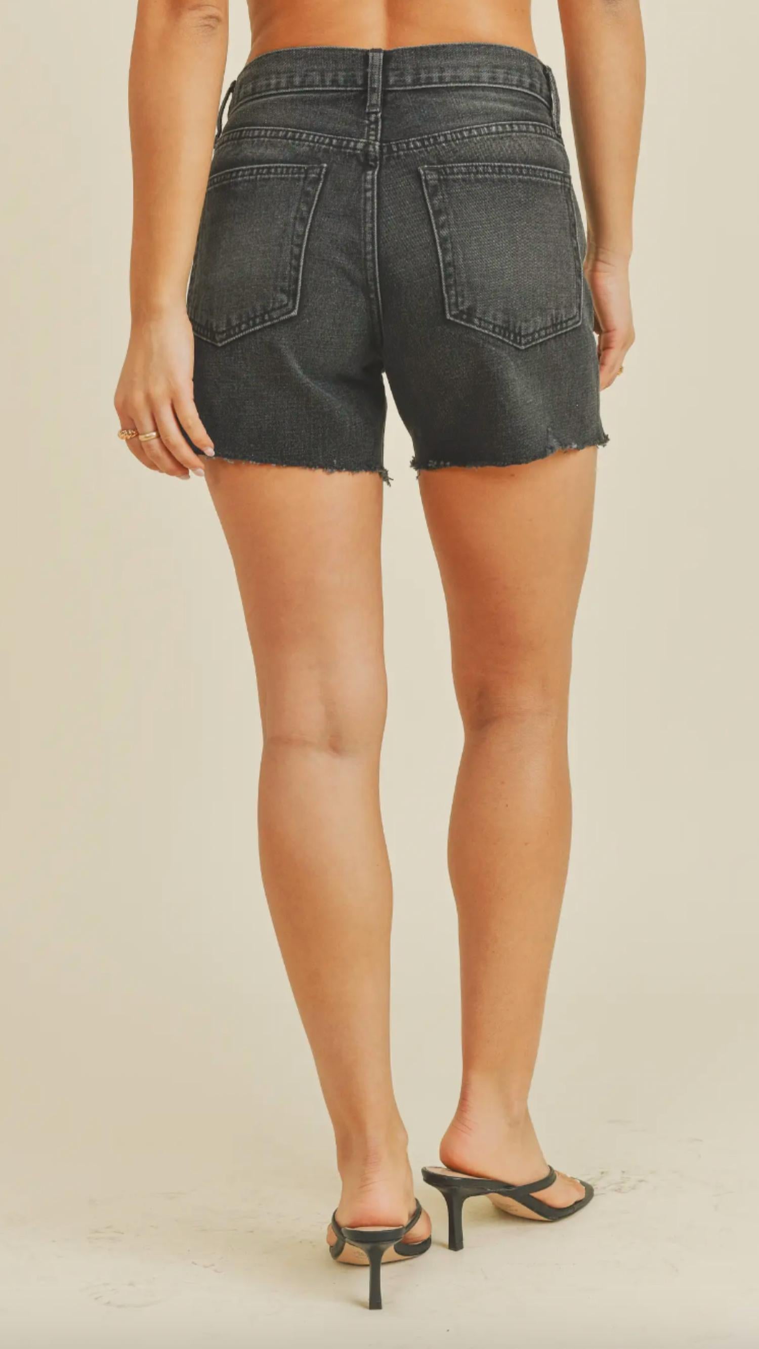 JUST BLACK DENIM High Rise Side Slit A-Line Shorts in black - women's shorts - detail view